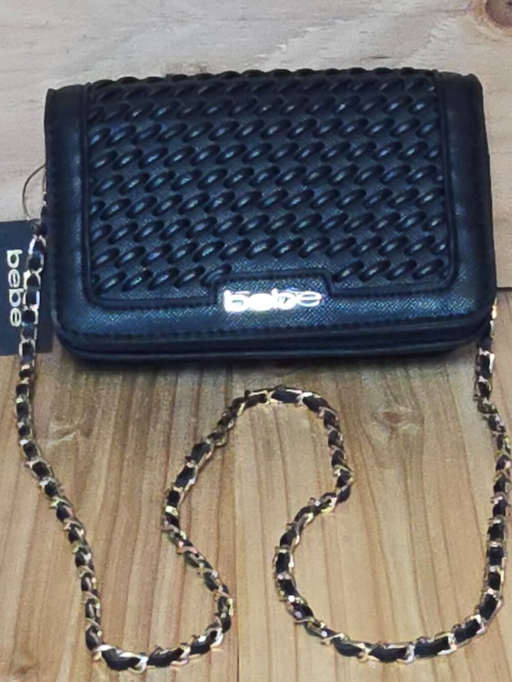 Bebe Black Katriel Crossbody Purse Gold Accents Detachable Strap Brand New